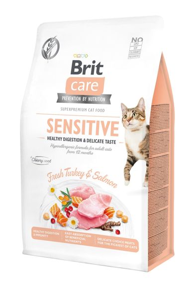 Сухий корм Brit Care Cat GF Sensitive HDigestion & Delicate Taste для котів з чутливим травленням, індичка та лосось, 400 г 28755 фото, зображення