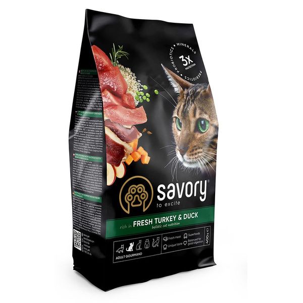 Сухой корм для кошек гурманов Savory Adult Cat Gourmand Fresh Turkey and Duck со свежей индейкой и уткой 0,4 кг 32856 фото, изображение