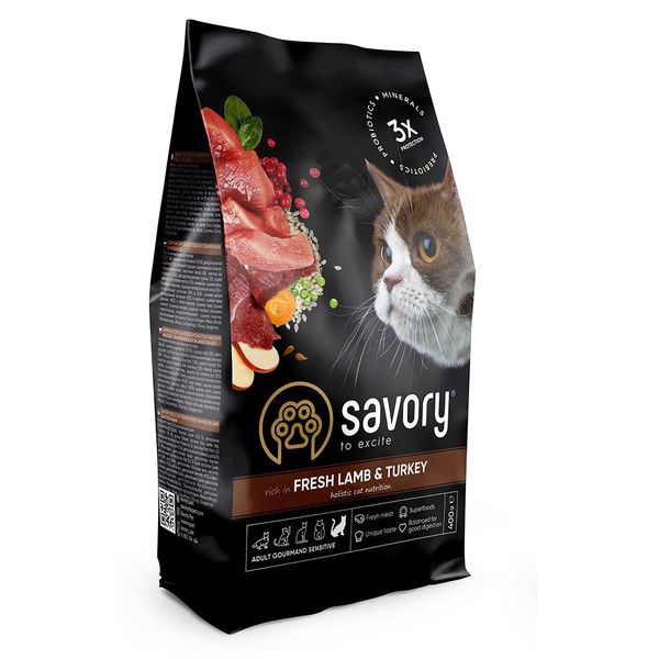 Сухой корм для кошек с чувствительным пищеварением Savory Adult Cat Sensitive Digestion Fresh Lamb and Turkey со свежим ягненком и индейкой 0,4 кг 32859 фото, изображение