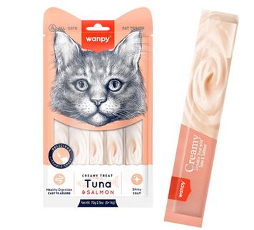 Рідкі ласощі для котів Wanpy Creamy Lickable Treats Тунець з лососем, 70 г, 5 стіків по 14 г 32684 фото, зображення