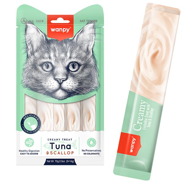 Рідкі ласощі для котів Wanpy Creamy Lickable Treats з тунцем і морським гребінцем, 70 г, 5 стіків по 14 г 32630 фото, зображення