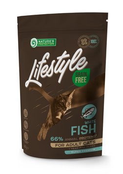 Сухой беззерновой корм для взрослых кошек с белой рыбой Nature's Protection Lifestyle Grain Free White Fish Adult Cat 400г 33267 фото, изображение