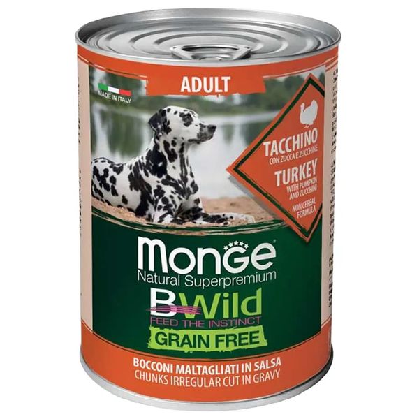 Вологий корм для собак Monge Dog Bwild Grain Free Adult індичка, гарбуз та цукіні 400 г 32028 фото, зображення