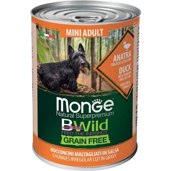 Влажный корм для собак Monge Dog Bwild Grain Free Mini Adult утка, тыква и цукини 400 г 32029 фото, изображение