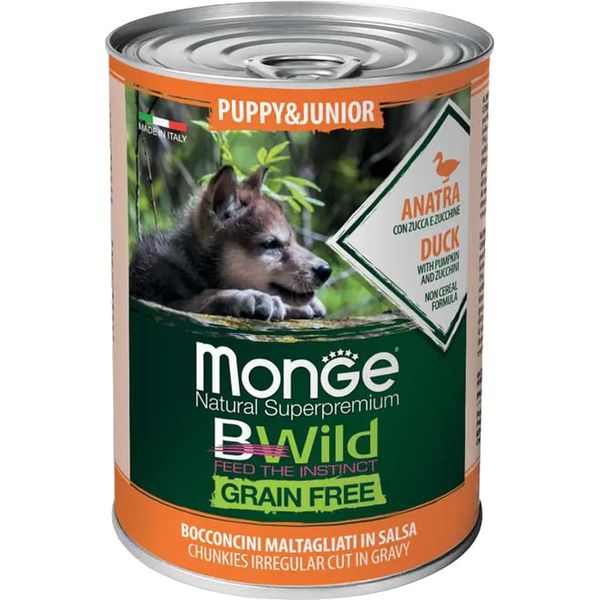 Вологий корм для цуценят Monge Dog Wet Bwild Grain Free Puppy & Junior качка, гарбуз та цукіні 400 г 32030 фото, зображення