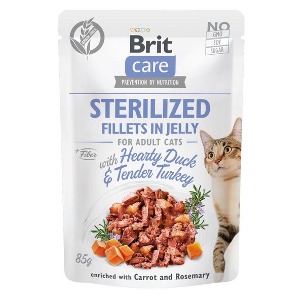 Влажный корм Brit Care Cat Pouch для кастрированных кошек, в желе, утка и индейка, 85 г 28674 фото, изображение