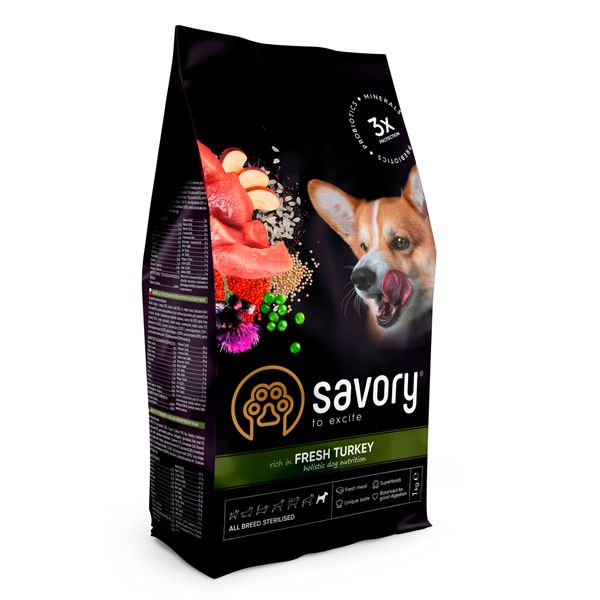 Сухой корм для стерилизованных собак Savory All Breed Sterilised rich in Fresh Turkey со свежей индейкой 1 кг 32877 фото, изображение