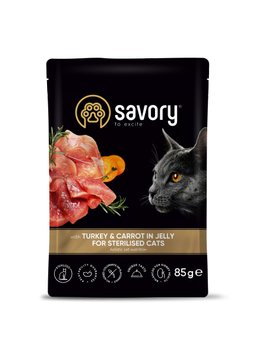 Влажный корм для стерилизованных кошек Savory Sterilised Cat Pouch Turkey and Carrot in Jelly с индейкой и морковью 85 г 32883 фото, изображение