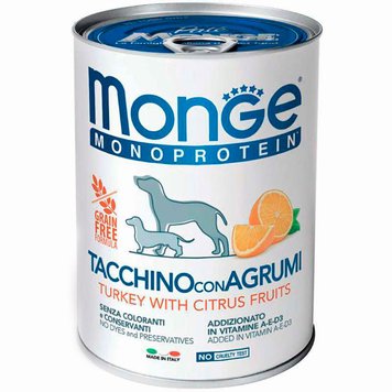 Вологий корм для собак Monge Dog Wet Fruit Monoprotein індик із цитрусом 400 г 32087 фото, зображення