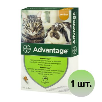 Капли на холку для котов до 4 кг Bayer Advantage (1 шт по 0,4 мл) 32676 фото, изображение