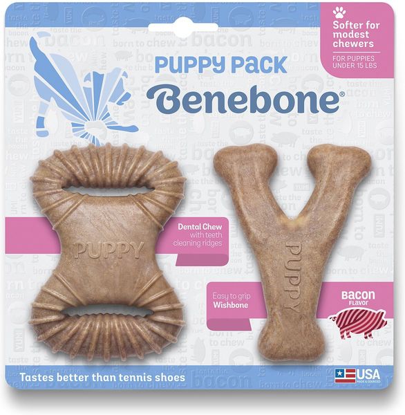 Набор из двух жевательных игрушек для щенков Benebone Puppy 2-pack Dental Chew/Wishbone Bacon Tiny бекон 27982 фото, изображение