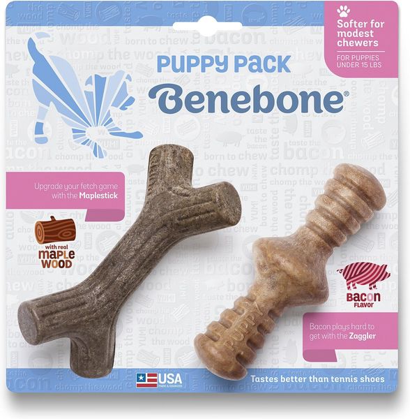 Набор из двух жевательных игрушек для щенков Benebone Puppy 2-Pack Maplestick/Zaggler Bacon Tiny бекон 27983 фото, изображение