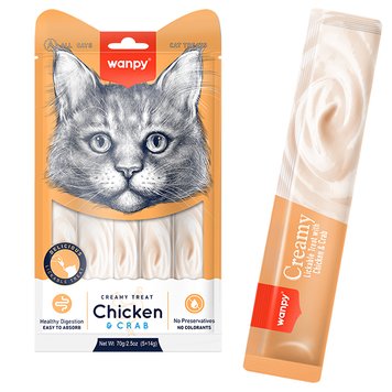 Рідкі ласощі для котів Wanpy Creamy Lickable Treats з куркою і крабом, 70 г, 5 стіків по 14 г 32627 фото, зображення