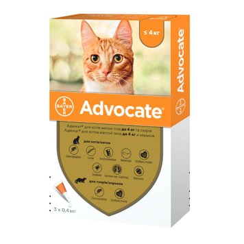 Капли на холку для кошек Bayer Advocate до 4кг (3шт по 0,4мл) 32763 фото, изображение