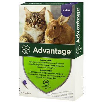 Краплі на холку для котів Bayer Advantage більше 4кг (4 шт 0,8мл) 32764 фото, зображення