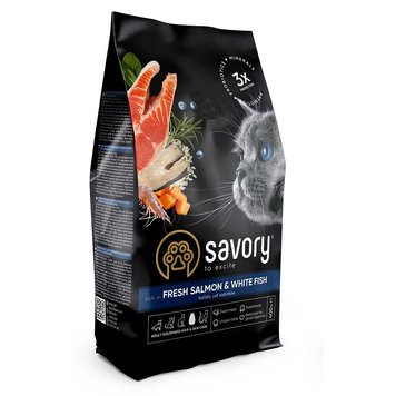 Сухой корм для длинношерстных кошек Savory Adult Cat Gourmand Fresh Salmon and White Fish со свежим лососем и белой рыбой 0,4 кг 32853 фото, изображение